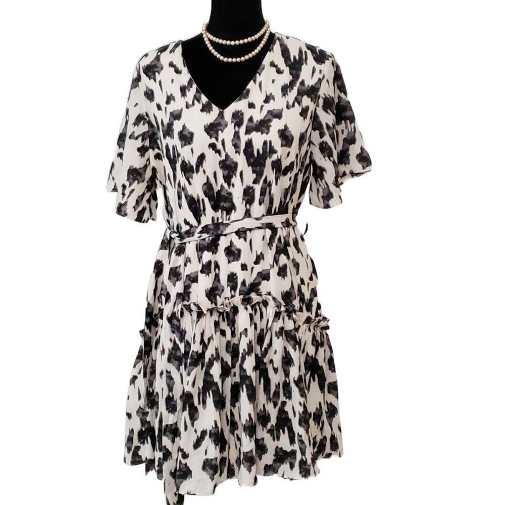 She + Sky White Black Abstract Flutter Sleeve V-Neck Mini Dress Tunic Size L